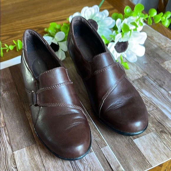Clarks Dark Brown Leather Heeled Loafers - Picture 1 of 6